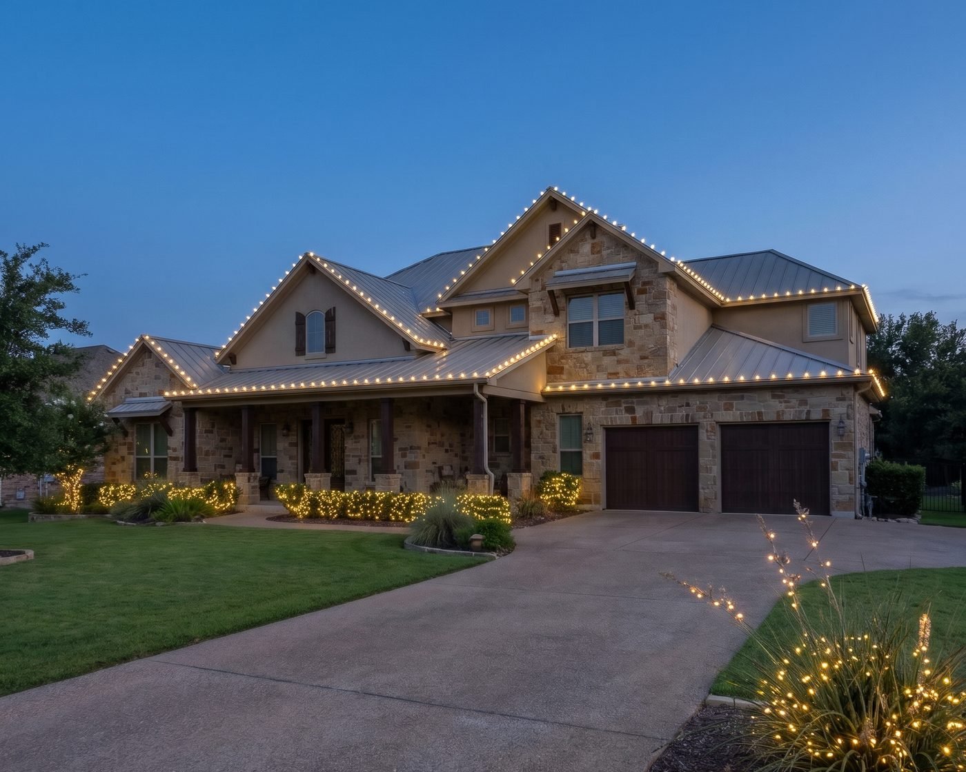 House with lights on at dusk