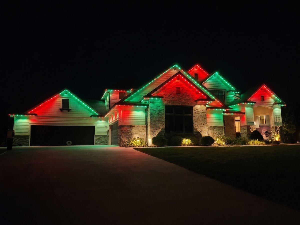 Home with red and green Christmas lights