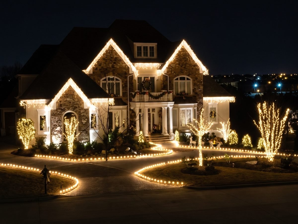 Home with warm white Christmas lights